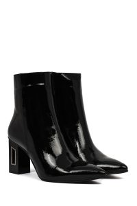 بوت زنانه چرم ورنی مشکی زیپ‌دار پاشنه‌بلند ضخیم دری مد