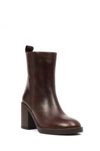 بوت چرمی زنانه قهوه‌ای زیپ‌دار پاشنه ضخیم دری‌مد