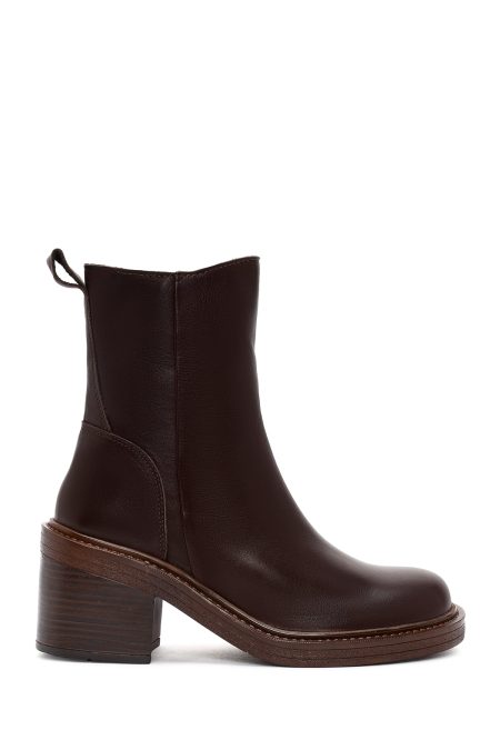 بوت چرمی پاشنه ضخیم قهوه ای زیپ دار زنانه دری مد