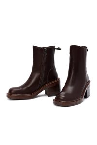 بوت چرمی پاشنه ضخیم قهوه ای زیپ دار زنانه دری مد