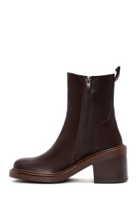 بوت چرمی پاشنه ضخیم قهوه ای زیپ دار زنانه دری مد