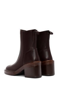 بوت چرمی پاشنه ضخیم قهوه ای زیپ دار زنانه دری مد