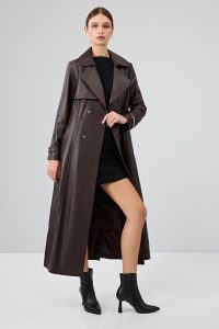 ترنچ کت چرمی زنانه قهوه ای کمربنددار Jenny X دری مد