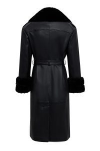 ترنچ‌کت زنانه Selena چرم مشکی یقه‌خزدار دری مد