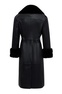 ترنچ‌کت زنانه Selena چرم مشکی یقه‌خزدار دری مد