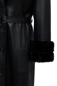 ترنچ‌کت زنانه Selena چرم مشکی یقه‌خزدار دری مد