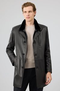 ترنچ‌کت چرمی مردانه مشکی یقه خزدار Barella دری مد