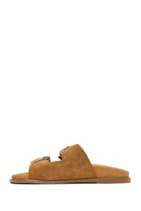 دمپایی زنانه جیر قهوه‌ای دو سگکه دری مد