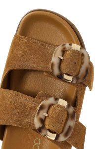 دمپایی زنانه جیر قهوه‌ای دو سگکه دری مد