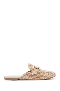 دمپایی زنانه حصیری چرمی بژ با جزئیات سگک دری مد