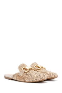 دمپایی زنانه حصیری چرمی بژ با جزئیات سگک دری مد