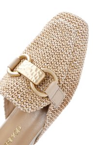 دمپایی زنانه حصیری چرمی بژ با جزئیات سگک دری مد