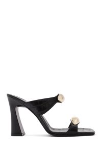 دمپایی زنانه چرم کروکو مشکی پاشنه‌بلند ضخیم دری مد