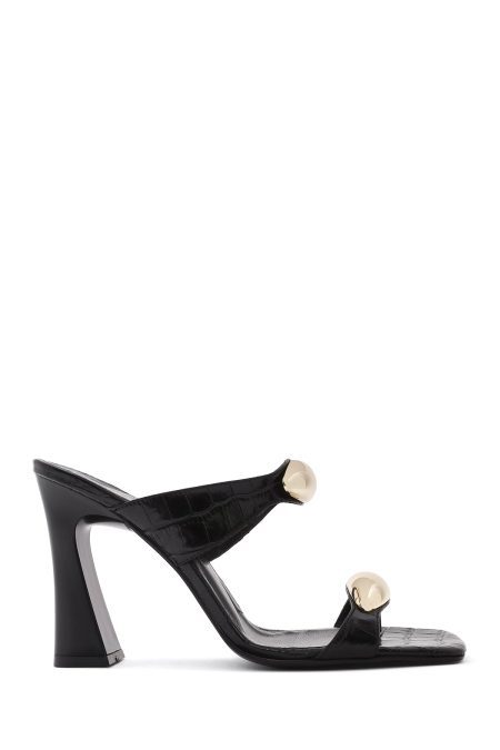 دمپایی زنانه چرم کروکو مشکی پاشنه‌بلند ضخیم دری مد