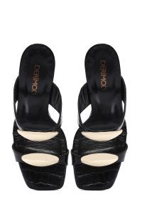 دمپایی زنانه چرم کروکو مشکی پاشنه‌بلند ضخیم دری مد