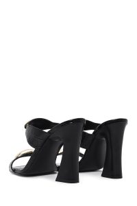 دمپایی زنانه چرم کروکو مشکی پاشنه‌بلند ضخیم دری مد