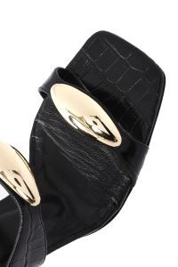 دمپایی زنانه چرم کروکو مشکی پاشنه‌بلند ضخیم دری مد