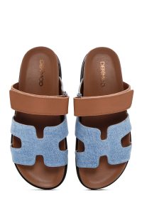 دمپایی زنانه چرمی قهوه ای روشن بندی دری مد