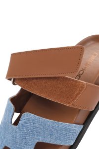 دمپایی زنانه چرمی قهوه ای روشن بندی دری مد