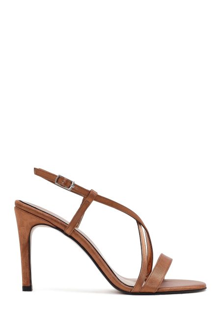 صندل زنانه ساتن برنز پاشنه‌بلند نازک مچی سگک‌دار دری مد