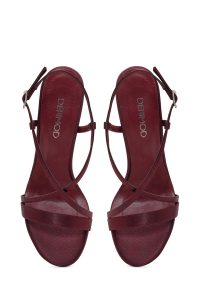 صندل زنانه ساتن زرشکی پاشنه‌بلند نازک مچی سگک‌دار دری مد