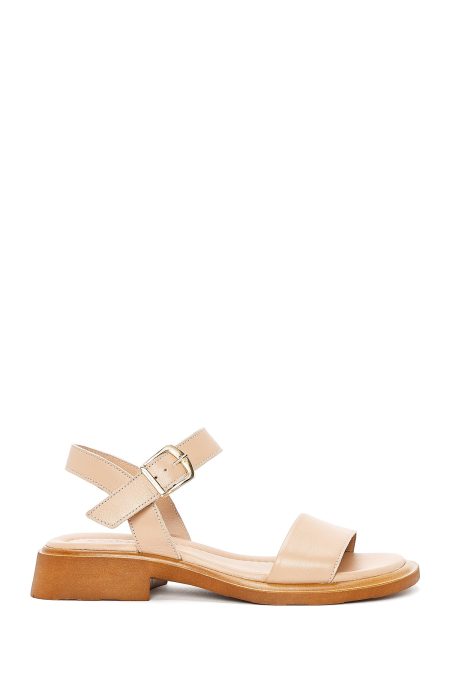 صندل زنانه چرم بژ بنددار مچ پا دری مد