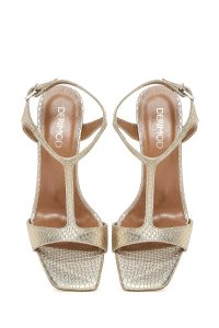 صندل زنانه چرم طلایی متالیک پاشنه‌بلند نازک دری مد