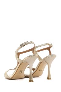 صندل زنانه چرم طلایی متالیک پاشنه‌بلند نازک دری مد