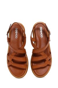 صندل زنانه چرم قهوه‌ای بنددار مچ پا دری مد