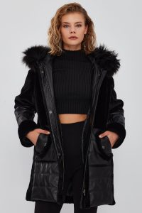 پالتو زنانه مشکی خزدار کلاه دار بلند Virginia دری مد