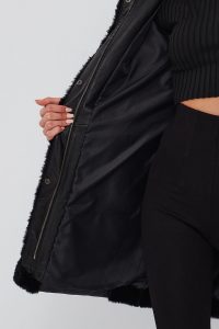 پالتو زنانه مشکی خزدار کلاه دار بلند Virginia دری مد