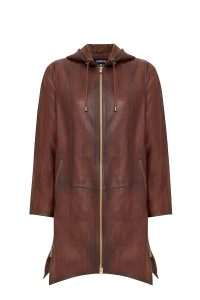 پالتو زنانه Daniela چرم قهوه‌ای بلند اورسایز کلاه‌دار دری مد