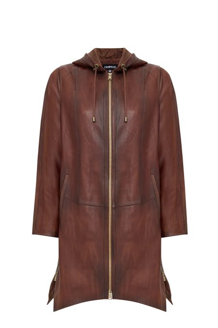 پالتو زنانه Daniela چرم قهوه‌ای بلند اورسایز کلاه‌دار دری مد