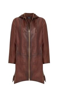 پالتو زنانه Daniela چرم قهوه‌ای بلند اورسایز کلاه‌دار دری مد