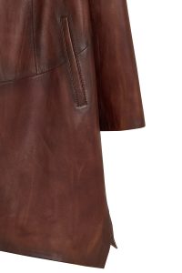 پالتو زنانه Daniela چرم قهوه‌ای بلند اورسایز کلاه‌دار دری مد