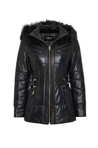 پالتو چرمی زنانه مشکی خزدار کلاه دار Alexandra دری مد