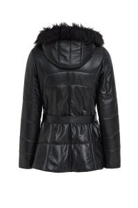 پالتو چرمی زنانه مشکی خزدار کلاه دار Alexandra دری مد