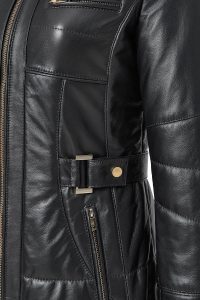 پالتو چرمی زنانه مشکی خزدار کلاه دار Alexandra دری مد