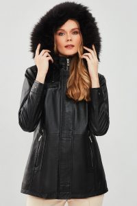 پالتو چرمی زنانه مشکی خزدار کلاه دار Betty دری مد