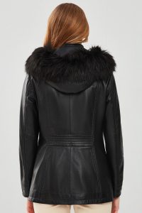 پالتو چرمی زنانه مشکی خزدار کلاه دار Betty دری مد