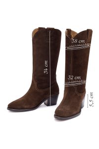 چکمه زنانه جیر قهوه‌ای کابوی پاشنه‌بلند ضخیم دری مد