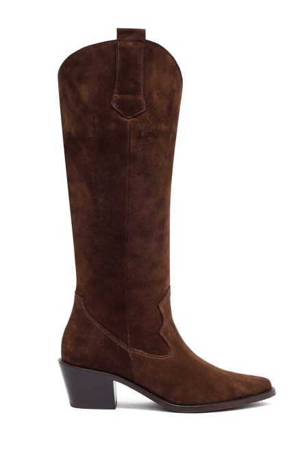 چکمه زنانه جیر قهوه‌ای کابوی پاشنه‌بلند ضخیم دری مد