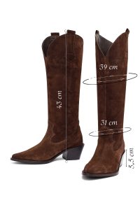 چکمه زنانه جیر قهوه‌ای کابوی پاشنه‌بلند ضخیم دری مد