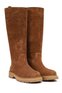 چکمه زنانه چرم جیر قهوه‌ای زیره‌ضخیم دری مد