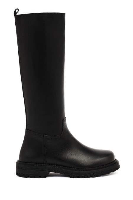 چکمه زنانه چرم مشکی زیره‌ضخیم دری مد