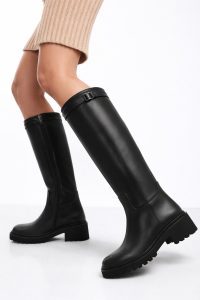 چکمه زنانه چرم مشکی زیپ‌دار زیره‌ضخیم دری مد