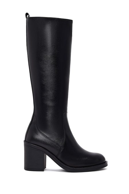 چکمه زنانه چرم مشکی پاشنه‌بلند ضخیم زیپ‌دار دری مد