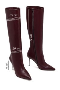 چکمه زنانه چرمی زرشکی زیپ‌دار پاشنه بلند باریک دری مد