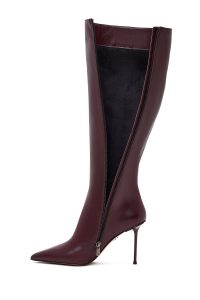 چکمه زنانه چرمی زرشکی زیپ‌دار پاشنه بلند باریک دری مد