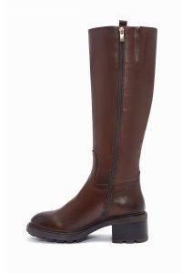 چکمه زنانه چرمی قهوه‌ای پاشنه‌کوتاه زیپ‌دار دری مد